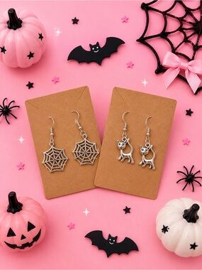 Silver Spider Web & Cat Dangle Earrings - Halloween Set - Pink